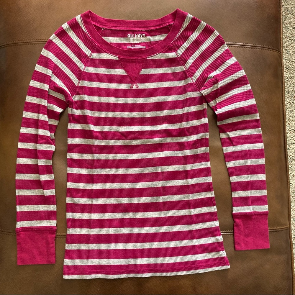 OLD NAVY Womens Thermal Waffle Base Layer Long Sleeve Shirt Fuchsia Stripe Med